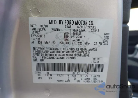 2010 Ford Escape Xlt из США, поврежденный, VIN 1FMCU9DG3AKB80900